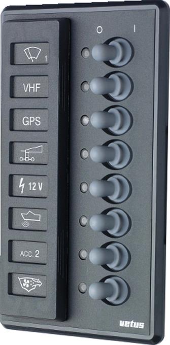 VETUS switch panel type P8F for 8 blade or automatic fuses, 12/24V