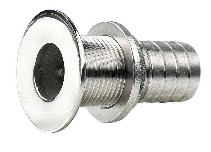 Thru-hull, stainless steel, flush flange, polished finish, G1'', with hose connection Ø 29 mm