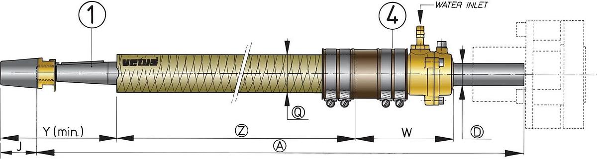 Polyester stern tube, length 500mm. (Includes cutless bearing, diameter 25mm).