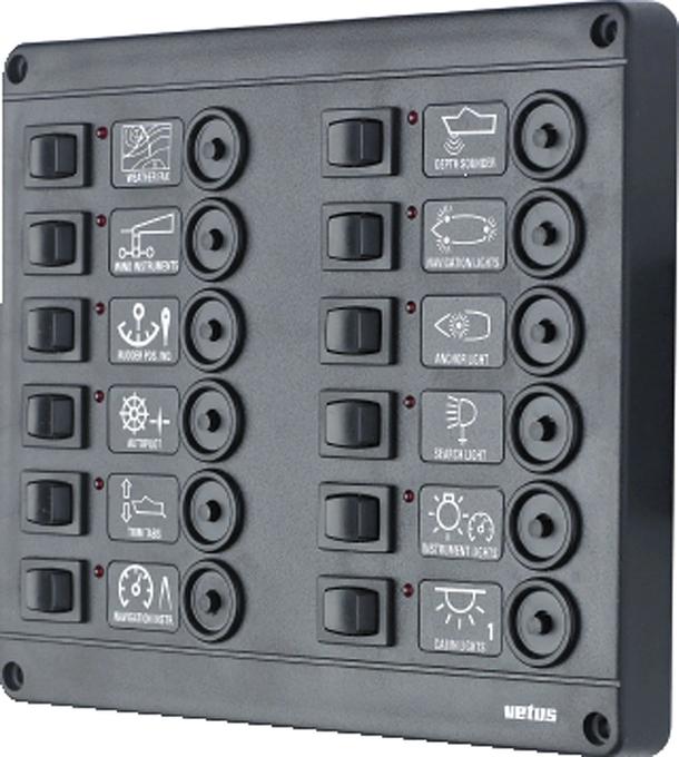 VETUS switch panel type P12 with 12 circuit breakers, 24 Volt