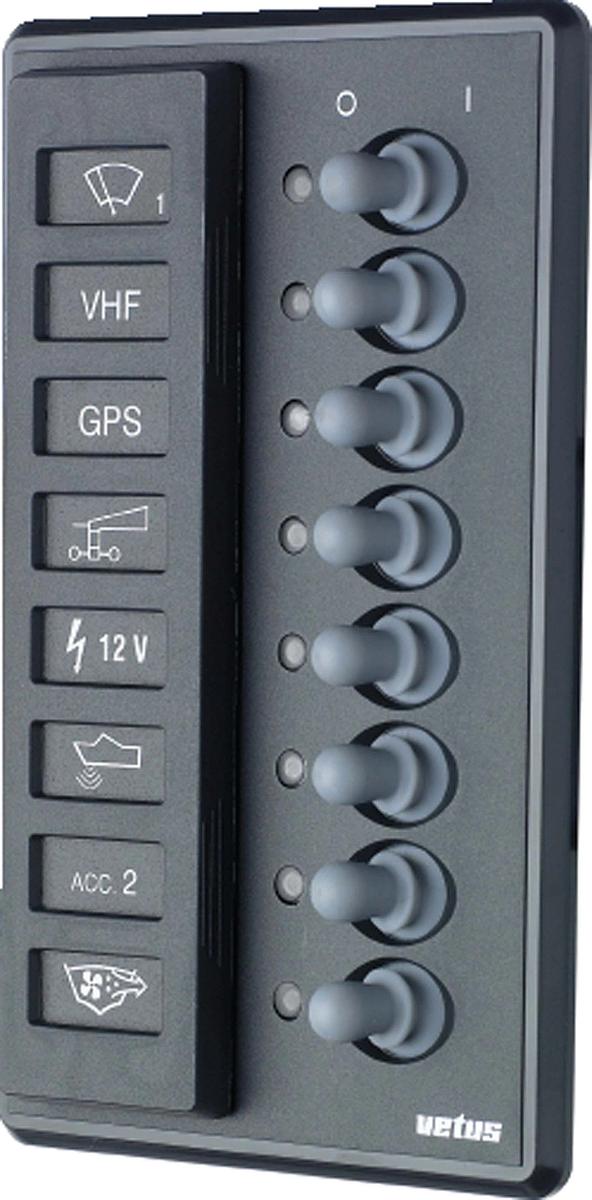 VETUS switch panel type P8F for 8 blade or automatic fuses, 12/24V