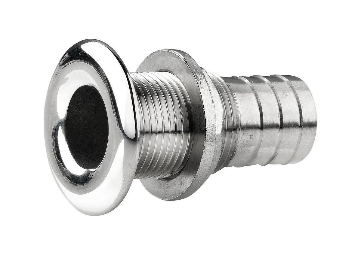 Thru-hull, stainless steel, rounded flange, polished finish, G1/2'', with hose connection Ø 18 mm