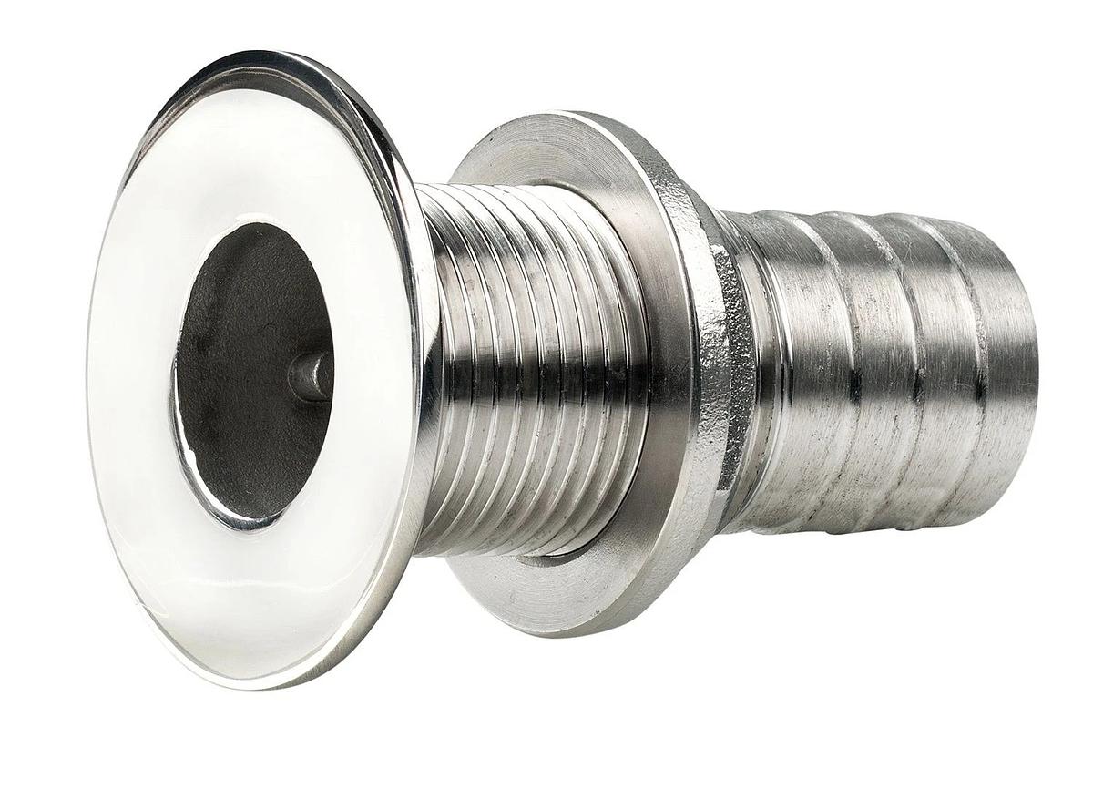 Thru-hull, stainless steel, flush flange, polished finish, G3/8'', with hose connection Ø 15 mm